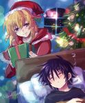  1boy 1girl athrun_zala black_shirt blonde_hair blue_hair box cagalli_yula_athha christmas_tree closed_eyes fur-trimmed_hat gift gift_box gundam gundam_seed hat highres holding holding_box hood hooded_jacket jacket long_hair long_sleeves pillow red_headwear red_jacket santa_hat shirt sleeping smile twitter_username violet_eyes yuuka_seisen 