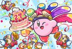  6+others ;d anniversary birthday_cake blue_background cake channel_ppp confetti copy_ability festival_bird food hal_laboratory_inc. hoshi_no_kirby kirby kirby_(series) nintendo no_humans notepad official_art one_eye_closed open_mouth outline party_popper pink_puff_ball plate smile streamers waddle_dee white_outline 