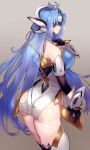  1girl android ass blue_hair breasts eyebrows_visible_through_hair forehead_protector from_behind gloves kos-mos large_breasts long_hair looking_at_viewer looking_back negresco shiny shiny_hair shiny_skin simple_background solo standing thigh-highs xenosaga 