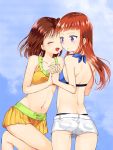  closed_mouth clouds commentary_request digimon digimon_tamers katou_juri long_hair makino_ruki medium_hair midriff minamikuru multiple_girls navel shorts swimsuit 