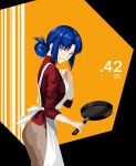  1girl apron axia-chan blue_eyes blue_hair ciel from_side frying_pan hair_bun highres looking_at_viewer red_shirt shirt short_hair sidelocks smile solo tsukihime type-moon white_apron 