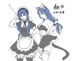  1girl 2girls alternate_costume animal_ears apron arm_behind_head axia-chan black_ears blue_eyes breasts cat_ears cat_tail ciel enmaided garter_straps hand_on_hip long_hair looking_at_viewer maid maid_apron maid_headdress medium_breasts multiple_girls multiple_views ponytail red_eyes sideboob sidelocks sketch smile solo tail thigh-highs thighs tsukihime type-moon white_background 