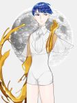  1other androgynous bangs blue_eyes blue_hair blunt_bangs colored_eyelashes crystal_hair full_moon gold golden_arms grey_background grey_eyes heterochromia highres houseki_no_kuni looking_away moon necktie phosphophyllite phosphophyllite_(ll) see-through_sleeves short_hair solo spoilers white_eyes 