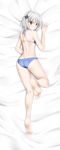  1girl absurdres alfred_cullado ass barefoot bed_sheet bikini blue_bikini blue_ribbon blush brown_eyes cat_hair_ornament from_above full_body hair_ornament halterneck high_school_dxd highres incredibly_absurdres leg_up looking_at_viewer lying on_bed on_stomach paid_reward patreon_reward ribbon shiny shiny_clothes shiny_skin short_hair silver_hair soles solo swimsuit toujou_koneko 