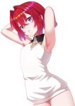  1girl ange_katrina armpits arms_up blue_eyes blush commentary from_below hair_intakes looking_at_viewer mizunashi_hayate nijisanji parted_lips redhead shirt short_hair simple_background sleeveless solo standing thighs virtual_youtuber white_background white_shirt 