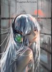  1girl closed_eyes commentary english_commentary grey_hair head_tilt headphones highres long_hair multicolored_hair original profile smile solo two-tone_hair upper_body watermark web_address wenqing_yan white_hair window 