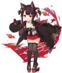  1girl akagi-chan_(azur_lane) akagi_(azur_lane) animal_ears azur_lane bell black_legwear blush boqboq breasts brown_hair eyebrows_visible_through_hair fang fox_ears fox_girl fox_tail hair_bell hair_ornament japanese_clothes jingle_bell kyuubi multiple_tails official_art open_mouth pleated_skirt red_eyes red_skirt skin_fang skindentation skirt small_breasts smile smug solo tail thigh-highs twintails younger 
