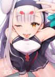  1girl ;p animal_ears azur_lane bangs bare_shoulders between_legs blurry blush breasts brown_eyes depth_of_field dress eyebrows_visible_through_hair hairband hand_between_legs hand_up highres long_hair long_sleeves looking_at_viewer mappaninatta one_eye_closed rabbit_ears shimakaze_(azur_lane) signature simple_background skirt small_breasts smile solo thick_eyebrows tongue tongue_out very_long_hair white_background white_hair yellow_eyes 