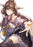  1girl ;) ahoge arm_support armpits bare_shoulders blush breasts brown_hair commentary detached_sleeves double_bun eyebrows_visible_through_hair grin hairband headgear japanese_clothes jewelry kantai_collection kongou_(kantai_collection) konkito long_hair looking_at_viewer medium_breasts nontraditional_miko one_eye_closed petticoat remodel_(kantai_collection) ring simple_background sitting skirt smile solo thigh-highs violet_eyes wedding_ring white_background yokozuwari 