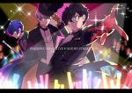  3boys amamiya_ren black_hair blue_hair cane glasses gloves glowstick grey_eyes grey_hair hat letterboxed looking_at_viewer male_focus multiple_boys narukami_yuu outstretched_arm parted_lips persona persona_3 persona_4 persona_5 persona_super_live red_gloves sparkle top_hat tuxedo yuuki_makoto 