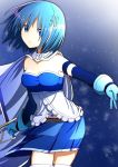  1girl aabtcndneefkg arm_strap belt blue_eyes blue_gloves blue_hair blue_skirt blue_sleeves breasts cape cleavage cowboy_shot detached_sleeves gloves hair_between_eyes hair_ornament highres holding holding_sword holding_weapon long_sleeves mahou_shoujo_madoka_magica medium_breasts midriff miki_sayaka miniskirt shiny shiny_hair short_hair sideboob skirt solo standing stomach strapless sword thigh-highs weapon white_cape zettai_ryouiki 