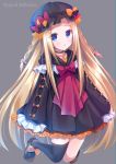  1girl abigail_williams_(fate/grand_order) asymmetrical_legwear bangs black_bow black_choker black_dress black_headwear black_legwear blonde_hair blue_eyes bow braid brown_footwear character_name choker collarbone commentary_request dress eyebrows_visible_through_hair fate/grand_order fate_(series) forehead full_body grey_background hair_bow hat highres ko_yu long_hair long_sleeves looking_at_viewer mob_cap orange_bow parted_bangs parted_lips shoes side_braids simple_background single_thighhigh sleeves_past_fingers sleeves_past_wrists solo thigh-highs twin_braids very_long_hair 