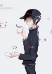  1boy amiyakinyu black_hair black_headwear black_pants copyright_request cup drink droplet floating highres holding holding_cup holding_plate liquid long_sleeves pants plate profile short_hair solo yellow_eyes 