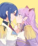  2girls artist_request blue_hair charlotte_shalzen couple flirting frown glasses green_eyes hair_ribbon imminent_kiss long_hair multiple_girls pink_hair ribbon shigure_kasumi short_hair smile sweatdrop valkyrie_drive valkyrie_drive_-mermaid- violet_eyes yuri 