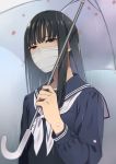  1girl black_hair blue_eyes cherry_blossoms holding holding_umbrella long_hair looking_at_viewer mattaku_mousuke original rain school_uniform serafuku solo surgical_mask umbrella upper_body 