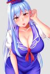  1girl blue_dress blue_hair blush breasts cleavage collarbone commentary_request cowboy_shot dress eyebrows_visible_through_hair eyelashes grey_background hair_tucking hand_in_hair hat kamishirasawa_keine large_breasts long_hair looking_at_viewer mimasi_osuwari open_mouth puffy_short_sleeves puffy_sleeves red_eyes ribbon short_sleeves simple_background solo touhou upper_teeth very_long_hair 