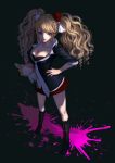 1girl :d black_background black_bra black_footwear black_jacket blonde_hair blood blood_splatter blue_eyes boots bow bra breasts bunny_hair_ornament cleavage collarbone curly_hair dangan_ronpa dangan_ronpa_1 drill_hair enoshima_junko floating_hair frilled_bra frills from_above full_body hair_bow hair_ornament hand_on_hip hei_yu highres holding holding_stuffed_animal jacket knee_boots long_hair looking_at_viewer medium_breasts miniskirt multicolored_bow nail_polish open_mouth plaid plaid_skirt pleated_skirt red_bow red_nails red_skirt skirt sleeves_rolled_up smile solo standing stuffed_animal stuffed_toy underwear very_long_hair white_bow 