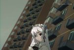  1girl :o balcony black_nails building chaika_trabant circle collar covered_eyes fingers hands_together highres hitsugi_no_chaika house iceroy lace long_hair looking_at_viewer maid nail_polish open_mouth princess silver_hair simple_background solo standing violet_eyes white_hair white_skin window 