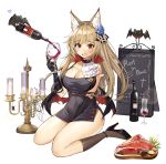  1girl :o alcohol animal animal_ear_fluff animal_ears bare_shoulders bat beads belt black_dress black_footwear black_gloves blue_flower blush bottle bow bowtie breasts brown_hair brown_legwear bug candle candlestand choker cleavage collarbone covered_navel cup demon_wings dress drinking_glass eto_(nistavilo2) fang fingerless_gloves flower food full_body gloves hair_flower hair_ornament heart high_heels holding holding_cup kneehighs large_breasts long_hair looking_at_viewer meat open_mouth original pouring red_eyes side_slit sign silk sitting solo spider spider_web thighs wariza white_background wine wine_bottle wine_glass wings 