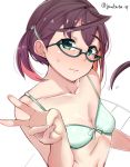  1girl black_hair blue-framed_eyewear blush bra breasts brown_hair chirashi_(so) closed_mouth glasses green_bra green_eyes kantai_collection multicolored_hair navel okinami_(kantai_collection) pink_hair short_hair simple_background small_breasts solo sweatdrop underwear white_background 