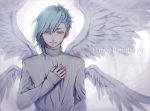 1boy alternate_costume angel_wings blue_eyes blue_hair braid character_name commentary_request dated eyebrows_visible_through_hair hair_between_eyes hand_on_own_chest happy_birthday long_sleeves male_focus medium_hair mikaze_ai p_(jsmnpfm) ponytail see-through single_braid sleeves_past_wrists smile solo striped striped_sweater sweater tears uta_no_prince-sama white_wings wings 