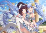  2girls :o absurdres ahoge arm_garter ass bangs bare_shoulders blue_dress blue_eyes blue_hair blue_ribbon blue_sky blush breast_press breasts brown_hair choker cleavage closed_mouth clouds collarbone commentary_request day detached_sleeves dress elf floating_hair flower frilled_choker frills gloves hair_between_eyes hair_bun hair_flower hair_ornament heart_ahoge highres hug huge_filesize king&#039;s_raid knees_up large_breasts layered_dress long_hair long_sleeves looking_at_viewer mirianne_(king&#039;s_raid) multiple_girls open_mouth outdoors petals pnt_(ddnu4555) pointy_ears revision ribbon rose sidelocks sitting sky smile sonia_(king&#039;s_raid) symmetrical_docking thigh-highs twintails very_long_hair white_dress white_flower white_gloves white_legwear yellow_eyes yellow_flower 