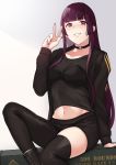  1girl asymmetrical_clothes asymmetrical_pants bangs black_footwear black_legwear black_pants black_shirt blush boots breasts bushidokuroi choker eyebrows_visible_through_hair girls_frontline grin hand_up highres knee_up large_breasts long_hair looking_at_viewer midriff_peek nail_polish navel pants purple_hair purple_nails red_eyes shirt single_pantsleg single_thighhigh sitting smile solo thigh-highs very_long_hair w wa2000_(girls_frontline) 