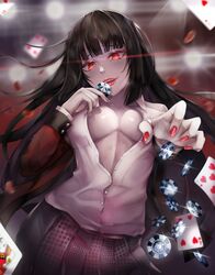  1girl absurdres akais bangs black_bow black_hair blunt_bangs blurry blurry_background blush bow bra breasts card collarbone commentary eyebrows_visible_through_hair highres hime_cut jabami_yumeko jacket jewelry kakegurui lace lace-trimmed_bra lace_trim large_breasts lips long_hair long_sleeves looking_at_viewer nail_polish no_bra open_clothes open_mouth open_shirt playing_card pleated_skirt poker_chip red_eyes red_jacket red_lips ring school_uniform shirt skirt smile solo sweat thumb_ring underwear very_long_hair white_shirt 