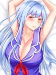  1girl armpits arms_up blue_dress blue_hair blush breasts cleavage commentary_request dress eyebrows_visible_through_hair hair_between_eyes huge_breasts kamishirasawa_keine long_hair looking_at_viewer lying mimasi_osuwari on_back on_bed puffy_short_sleeves puffy_sleeves red_eyes ribbon short_sleeves sideways_glance sleeveless smile solo touhou upper_body 