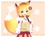  1girl :d absurdres animal_ear_fluff animal_ears blonde_hair commentary_request fang flower fox_ears fox_girl fox_tail hair_flower hair_ornament highres japanese_clothes miko open_mouth ribbon-trimmed_sleeves ribbon_trim senko_(sewayaki_kitsune_no_senko-san) sewayaki_kitsune_no_senko-san short_hair smile tail wide_sleeves yellow_eyes zendamu 