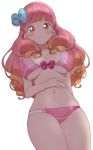  1girl aikatsu!_(series) aikatsu_friends! arm_at_side arm_behind_back bangs bikini blue_bow blunt_bangs blush bow bow_bikini breasts closed_mouth collarbone curly_hair eyebrows_visible_through_hair from_below frown furrowed_eyebrows gradient_hair groin hair_bow hair_over_shoulder hand_on_own_stomach highres large_breasts legs_together long_hair looking_at_viewer mukuba multicolored_hair navel orange_eyes orange_hair pink_bikini pink_hair plaid plaid_bow simple_background swimsuit thick_thighs thighs two-tone_hair under_boob white_background yuuki_aine 