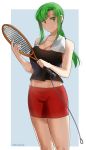  1girl artist_request blush fire_emblem fire_emblem:_seima_no_kouseki green_eyes green_hair highres long_hair nintendo ponytail racket smile solo sportswear sweat tennis tennis_net tennis_racket tennis_uniform vanessa_(fire_emblem) visor_cap 