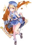  1girl ;) azur_lane bangs bare_shoulders beret blonde_hair blue_bow blue_headwear blue_serafuku blue_shirt blue_skirt blush bow breasts brown_footwear closed_mouth eyebrows_visible_through_hair food full_body hand_up hat medium_breasts midriff navel neck_ribbon official_art one_eye_closed plate pleated_skirt ribbon rice sakura_koharu school_uniform serafuku shirt shoes skirt sleeveless sleeveless_shirt smile socks spoon standing standing_on_one_leg transparent_background violet_eyes white_legwear white_shirt wrist_cuffs yellow_ribbon z23_(azur_lane) 