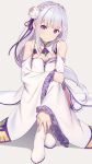  1girl bangs bare_shoulders blunt_bangs blush braid breasts cleavage commentary_request crossed_ankles detached_sleeves dress elf emilia_(re:zero) flower french_braid full_body gem hair_flower hair_ornament hair_ribbon highres hyuuga_azuri lavender_hair long_hair looking_at_viewer low-tied_long_hair medium_breasts miniskirt pleated_skirt pointy_ears purple_ribbon re:zero_kara_hajimeru_isekai_seikatsu ribbon rose sidelocks simple_background sitting skirt smile solo thigh-highs violet_eyes white_dress white_flower white_legwear white_rose x_hair_ornament 