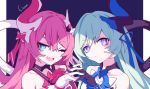  2girls ;d bangs blue_eyes blue_hair blue_ribbon bow brown_gloves closed_mouth commentary curled_horns english_commentary eyebrows_visible_through_hair fang gloves hair_between_eyes hair_bow hair_ribbon hand_up highres honkai_(series) honkai_impact_3 horn interlocked_fingers liliya_olyenyey litsvn long_hair looking_at_viewer multiple_girls one_eye_closed open_mouth pink_bow pink_hair purple_background ribbon rozaliya_olyenyey siblings signature sisters slit_pupils smile thick_eyebrows twins two-tone_background violet_eyes white_background white_gloves 