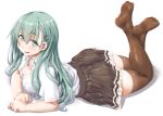  1girl aqua_eyes aqua_hair arm_support ass blush breast_press breasts brown_legwear brown_skirt cleavage dd_(ijigendd) eyebrows_visible_through_hair hair_between_eyes hair_ornament hairclip highres kantai_collection legs_crossed long_hair looking_at_viewer lying medium_breasts on_stomach open_mouth pleated_skirt school_uniform shadow shirt short_sleeves skirt smile solo suzuya_(kantai_collection) thigh-highs white_shirt 