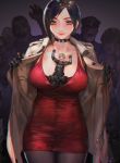  1boy 1girl ada_wong aoin black_hair blonde_hair blush bob_cut breasts brown_eyes brown_hair catherine_(game) choker cleavage dress fingerless_gloves gloves highres jewelry large_breasts leon_s_kennedy pantyhose resident_evil resident_evil_2 shirt short_hair zombie 