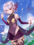  1girl aito bangs bare_shoulders breasts commentary_request day detached_sleeves dress earrings fate/grand_order fate_(series) hair_between_eyes hair_ribbon highres holding jewelry kama_(fate/grand_order) looking_at_viewer navel outdoors purple_dress red_eyes red_ribbon ribbon see-through short_hair silver_hair sky small_breasts smile solo thigh-highs 