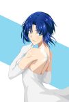  1girl axia-chan backless_dress backless_outfit blue_eyes blue_skirt blush breasts ciel cowboy_shot cross dress gloves highres large_breasts long_hair looking_at_viewer roman_numerals short_hair skirt smile solo tattoo tsukihime white_dress white_gloves 