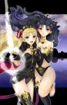  2girls :d aile_t barefoot between_breasts black_cape black_hair black_legwear black_leotard black_panties blonde_hair blush bow bra breasts cape choker cleavage collarbone diadem earrings ereshkigal_(fate/grand_order) fate/grand_order fate_(series) floating_hair fur-trimmed_cape fur_trim hair_bow highres holding holding_sword holding_weapon ishtar_(fate/grand_order) jewelry leg_up leotard long_hair looking_at_viewer medium_breasts multiple_girls open_mouth panties red_bow red_eyes shiny shiny_hair siblings single_thighhigh sisters smile standing standing_on_one_leg strapless strapless_bra striped_leotard sword thigh-highs twintails underwear very_long_hair weapon 