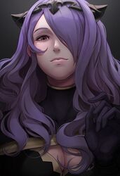  1girl breasts camilla_(fire_emblem_if) cleavage closed_mouth fire_emblem fire_emblem_if gloves hair_over_one_eye long_hair ninahakazuko nintendo purple_hair simple_background solo tiara upper_body violet_eyes 