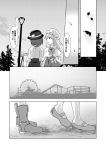  2girls amusement_park blouse bow capelet comic dress fedora ferris_wheel frills greyscale hat hat_bow highres long_hair long_sleeves maribel_hearn mob_cap monochrome multiple_girls neck_ribbon ribbon roller_coaster short_hair short_sleeves side_ponytail skirt takahashi_kouta touhou translation_request usami_renko 