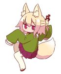  1girl animal_ear_fluff animal_ears bangs bell bell_collar blonde_hair blush brown_collar brown_footwear closed_mouth collar commentary_request eyebrows_visible_through_hair fox_ears fox_girl fox_tail full_body green_shirt hair_between_eyes hair_bun hair_ornament highres jingle_bell kemomimi-chan_(naga_u) long_hair long_sleeves looking_at_viewer looking_to_the_side naga_u original pleated_skirt purple_skirt red_eyes ribbon-trimmed_legwear ribbon_trim sailor_collar shirt sidelocks simple_background skirt sleeves_past_fingers sleeves_past_wrists solo tail thigh-highs white_background white_legwear white_sailor_collar 