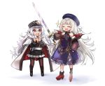  2girls azur_lane black_legwear blush closed_eyes commentary detached_sleeves doyagao eyebrows_visible_through_hair gloves hat headpiece holding holding_sword holding_weapon lefthand long_hair long_sleeves military_hat multiple_girls open_mouth pantyhose pleated_skirt puffy_sleeves red_eyes silver_hair skirt smile smug sparkle sword very_long_hair weapon white_gloves z46_(azur_lane) zeppelin-chan_(azur_lane) 