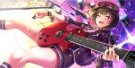  1girl ;d aldehyde bang_dream! black_hair black_jacket black_legwear black_shorts collared_shirt dutch_angle electric_guitar guitar highres holding holding_instrument instrument jacket kneehighs long_sleeves looking_at_viewer microphone microphone_stand mitake_ran multicolored_hair necktie one_eye_closed open_mouth plectrum red_headwear red_neckwear redhead shirt short_hair short_shorts shorts smile solo stage_lights strap streaked_hair thighs v-shaped_eyebrows violet_eyes white_shirt wing_collar wristband 
