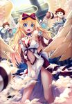  1girl angel angel_wings blonde_hair bow braid breasts cleavage doll feathers h2o_(dfo) hair_bow hair_feathers halo highres jewelry long_hair looking_at_viewer medium_breasts navel open_mouth original red_bow skirt skirt_pull standing very_long_hair white_wings wings 