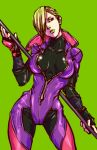  1girl black_gloves blonde_hair bodysuit breasts commentary_request cosplay falke_(street_fighter) fingerless_gloves gloves green_background green_lipstick hair_over_one_eye han_juri han_juri_(cosplay) holding holding_weapon latex lipstick makeup medium_breasts partially_unzipped shiny shiny_clothes short_hair simple_background skin_tight solo staff standing street_fighter street_fighter_v tobaccostar weapon zipper 