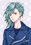  1boy alternate_eye_color alternate_hair_color blue_jacket blue_shirt ca_yu commentary_request eyebrows_visible_through_hair face green_eyes green_hair hair_between_eyes jacket looking_at_viewer male_focus medium_hair mikaze_ai parted_lips ponytail shirt signature solo uta_no_prince-sama 