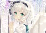  1girl :o bangs blurry blush commentary_request dango dappled_sunlight day depth_of_field eating eyebrows_visible_through_hair flower food green_eyes green_vest hair_ribbon holding holding_food konpaku_youmu konpaku_youmu_(ghost) looking_at_viewer nibosisuzu open_mouth outdoors post puffy_short_sleeves puffy_sleeves ribbon short_hair short_sleeves silver_hair solo standing sunlight touhou upper_body vest wagashi wisteria 