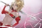  1girl aito bare_shoulders blonde_hair braid breasts cleavage commentary_request detached_collar detached_sleeves energy fang fang_out fate/grand_order fate_(series) highres holding holding_sword holding_weapon long_hair medium_breasts mordred_(fate) mordred_(fate)_(all) navel ponytail red_sleeves simple_background smile solo sword weapon 